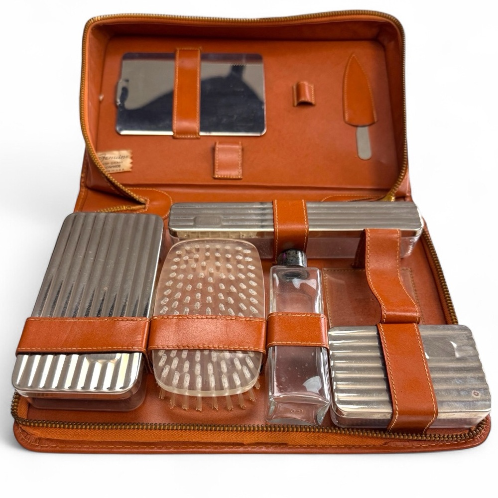 Vintage Top Grain Geniune Cowhide Leather Travel Grooming Set Kit USA